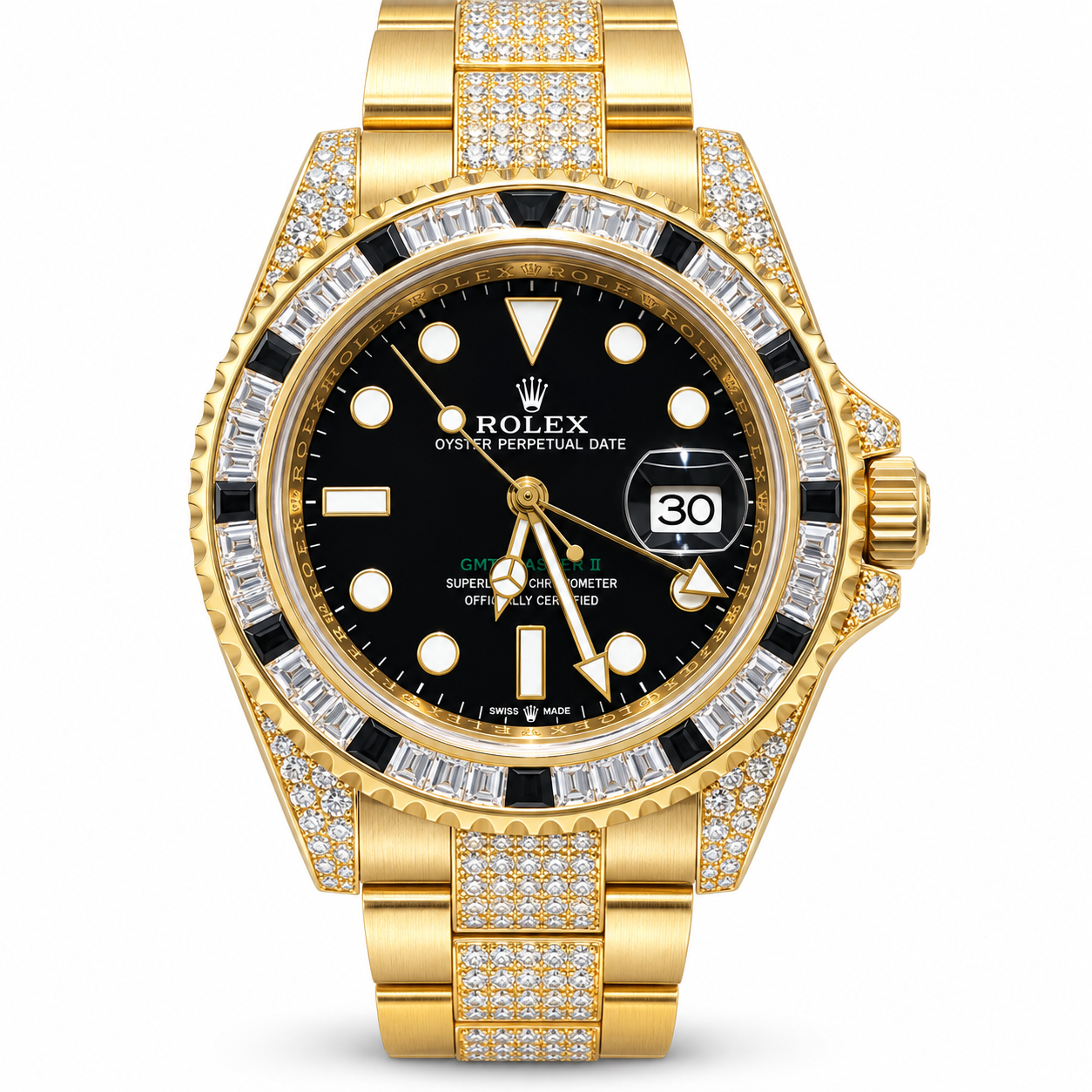 ROLEX GMT-Master II 40, Yellow Gold Black Dial, Custom Diamond Set