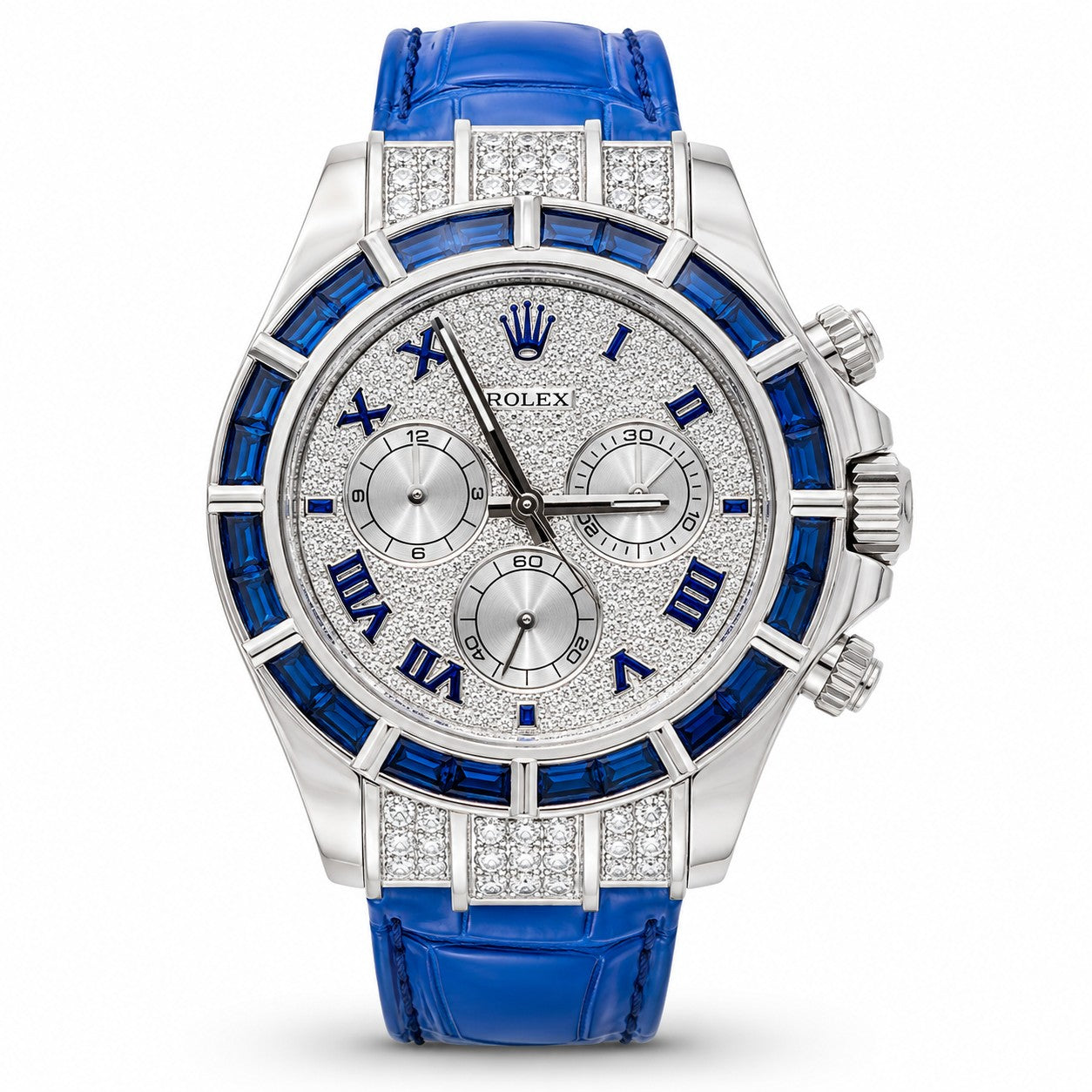 ROLEX Daytona 40, White Gold, Custom Diamond Pavé Dial Blue Sapphire Bezel