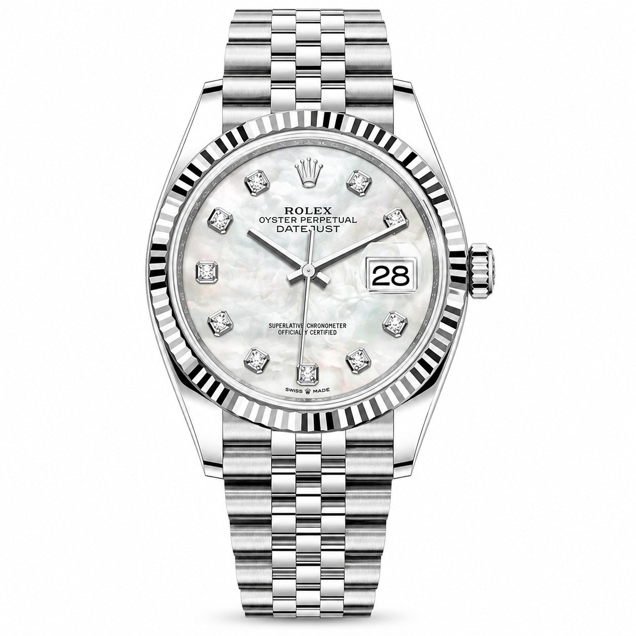 ROLEX Oyster Perpetual Datejust 36, White Mother-of-Pearl Diamond Dial White Rolesor