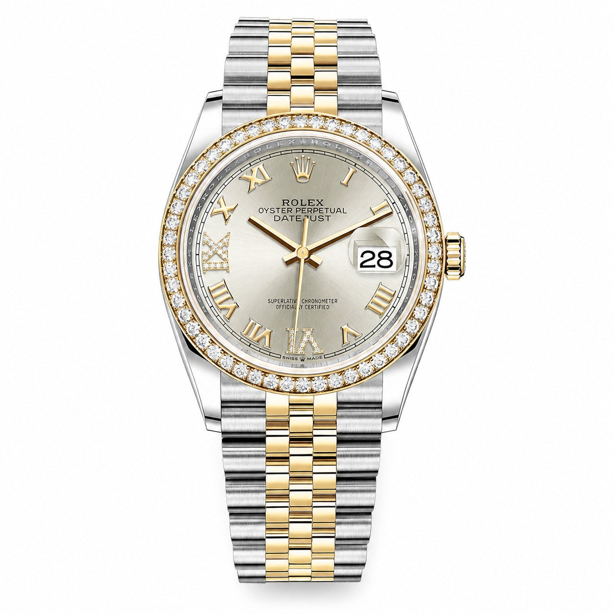 ROLEX Oyster Perpetual Datejust 36, Silver Diamond Dial Yellow Rolesor