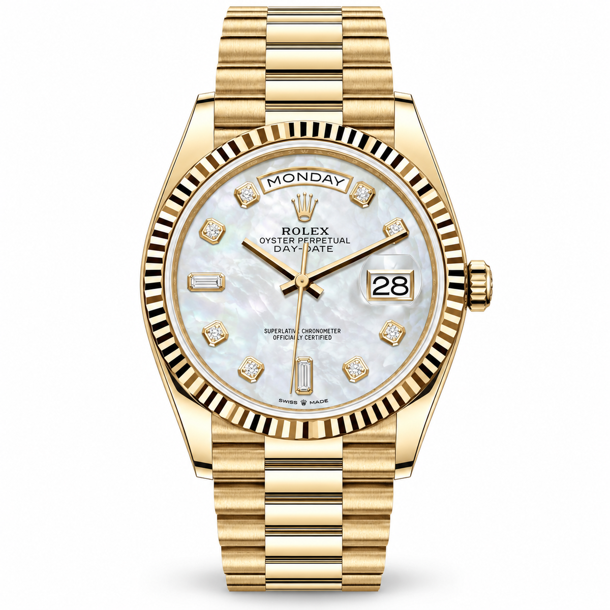 ROLEX Day-Date 36, Yellow Gold White Mother-of-Pearl Diamond Dial