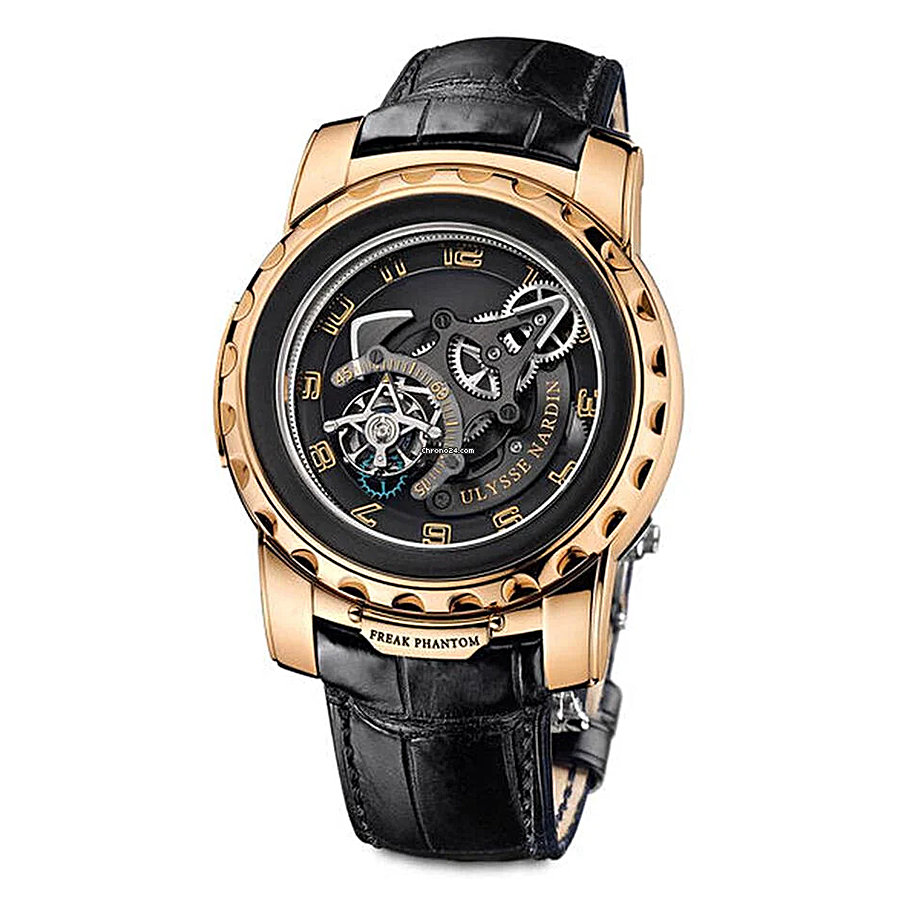 Luxury Ulysse Nardin Freak Phantom
watch with black leather strap and rose gold case