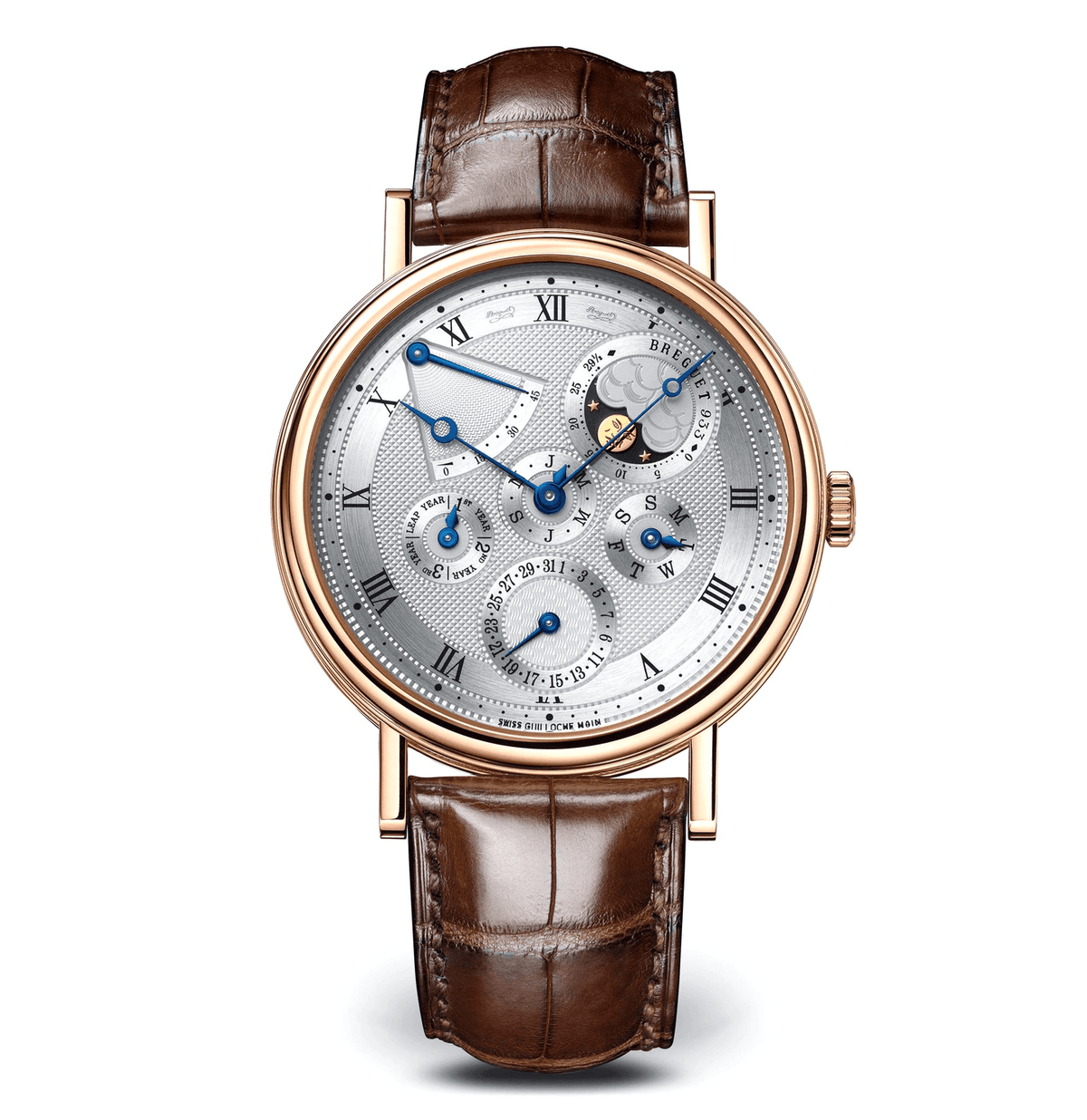 Breguet watch with a silver guilloché dial, blue hands, multiple subdials, rose gold-tone case, and brown leather strap.