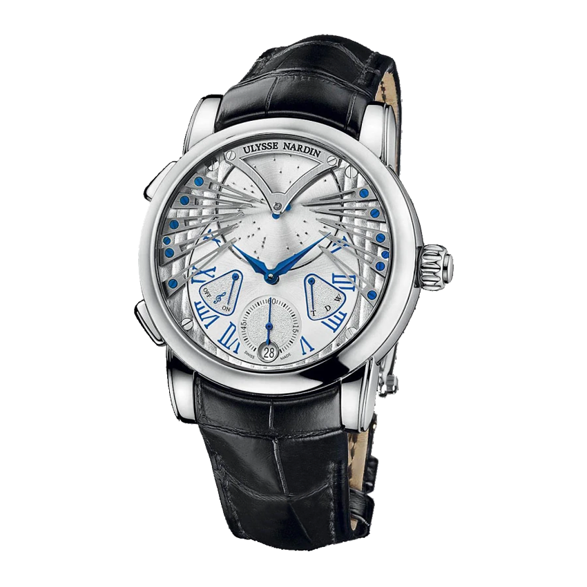 Luxury Ulysse Nardin Stranger watch with black leather strap and silver case