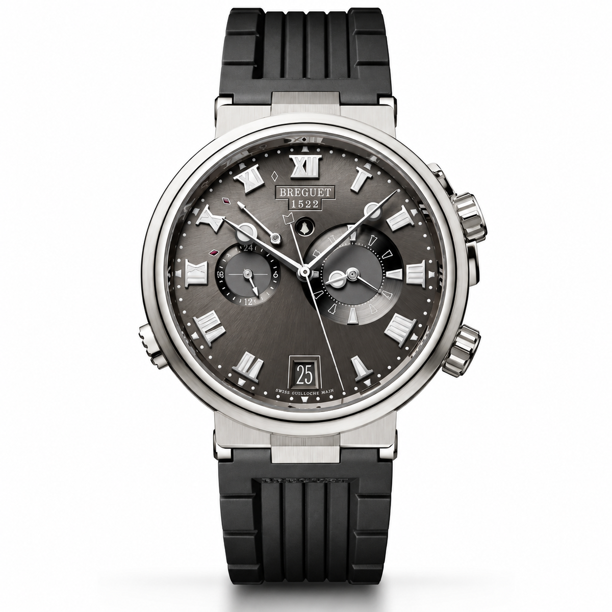 A Barque d'Or watch featuring a silver-toned stainless steel case, a dark gray dial with Roman numerals and three subdials, and a black textured rubber strap.