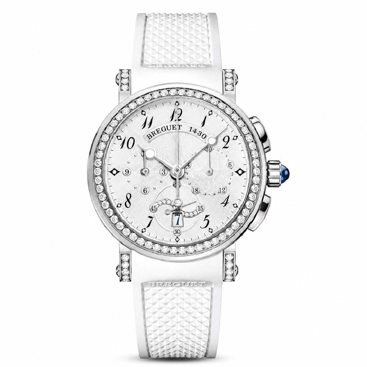 Front view of a Breguet watch with a white dial, diamond-set bezel, blue-tipped crown, and white textured strap.