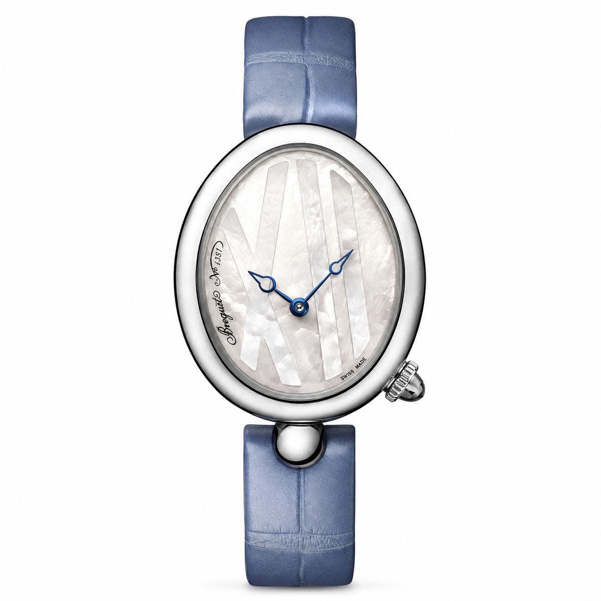 A luxury oval watch featuring a white mother-of-pearl dial with Roman numeral hour markers, a polished silver-tone case, and a textured blue leather strap.