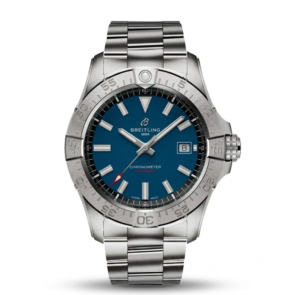 A Breitling wristwatch with a stainless-steel link bracelet, featuring a blue dial, silver-toned bezel, and date window.