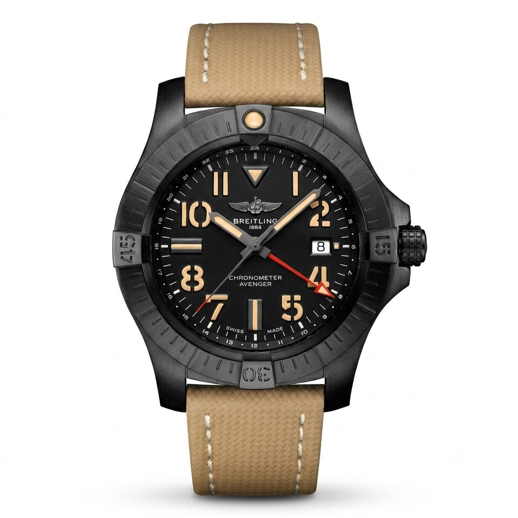 Breitling Avenger Automatic GMT men's watch with a black titanium case, black dial featuring tan Arabic numerals, date window, red-tipped GMT hand, and a tan textile strap.