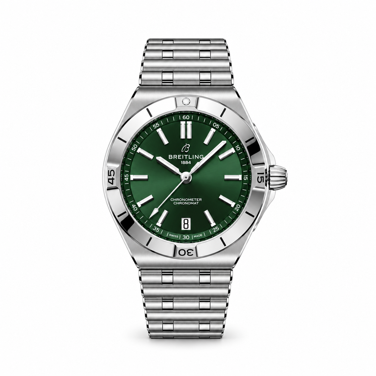 Breitling Chronomat watch with a green sunburst dial, silver tone hands and hour markers, date window at 6 o’clock and silver tone Rouleaux bracelet.