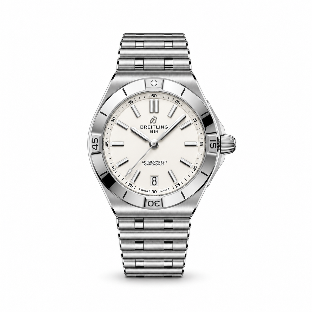 Breitling Chronomat watch with an ivory dial, silver tone hands and hour markers, date window at 6 o’clock and silver tone Rouleaux bracelet.