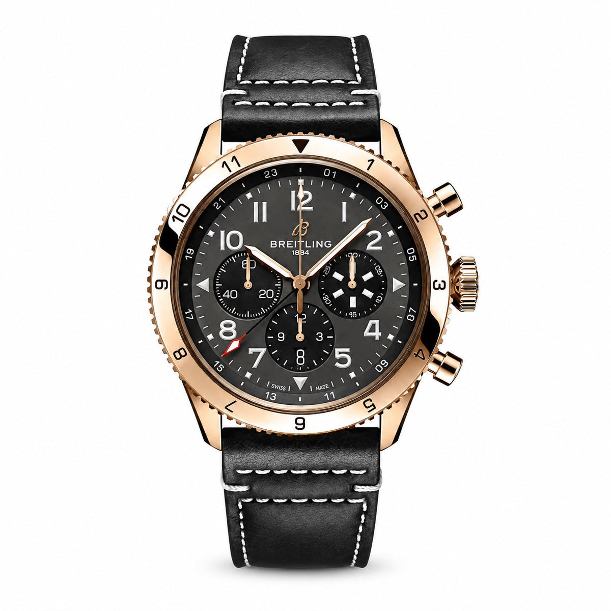 Breitling chronograph watch with a black dial, three subdials, rose gold-tone case and numbered bezel, and black leather strap with white stitching.