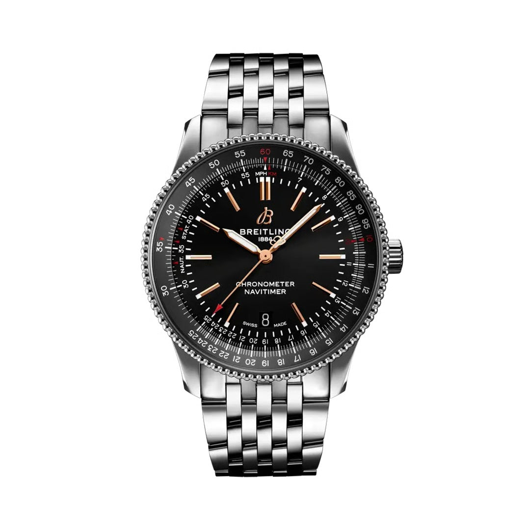 A Breitling chronometer navitimer watch with a black dial, silver-tone stainless steel case, and matching link bracelet.