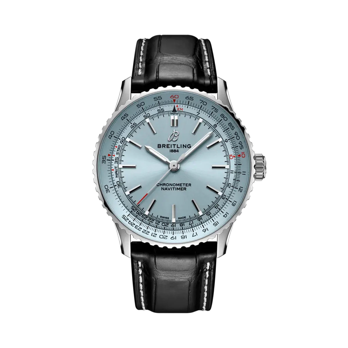 Breitling Navitimer luxury watch featuring an ice blue dial with silver-tone hands and hour markers, stainless steel case, signature slide rule bezel, and black leather strap with contrast stitching.