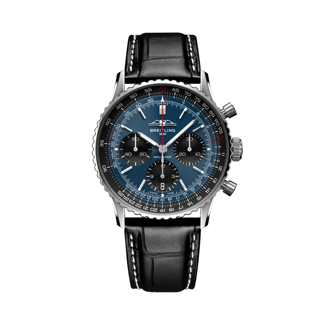 Breitling Navitimer Chronograph watch with a stainless steel case, blue dial featuring silver sub-dials and baton markers, slide rule bezel, and a black leather strap with white stitching