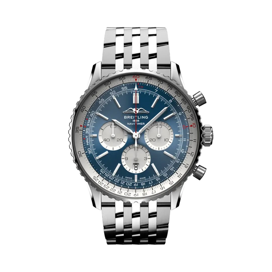 Breitling Navitimer chronograph watch with a blue dial, three white subdials, silver slide rule bezel, and stainless steel bracelet.