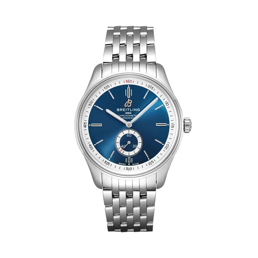 Breitling Premier Automatic watch with a stainless steel case and multi-link bracelet, blue dial featuring silver baton markers, small seconds sub-dial at 6 o'clock, and a date window.