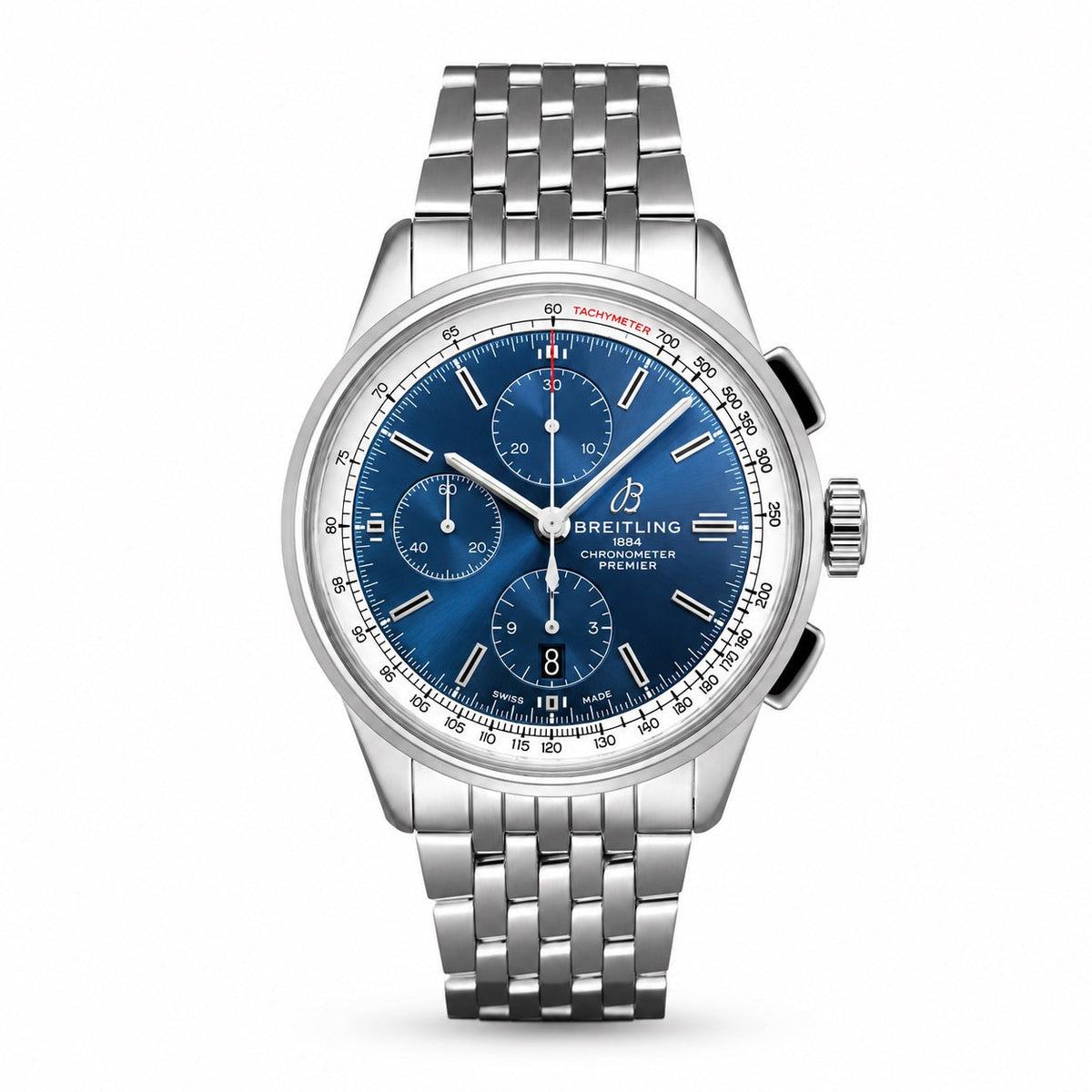 Breitling Premier chronograph watch with a blue dial, three subdials, date display and silver tone metal bracelet.