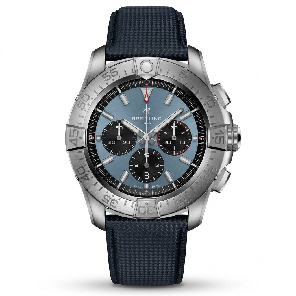 Breitling Super Chronomat B01 44 wristwatch featuring a titanium case, ice blue dial with black chronograph sub-dials, silver baton indices, date window at 6 o'clock, silver bezel with rider tabs, and blue textured rubber strap.