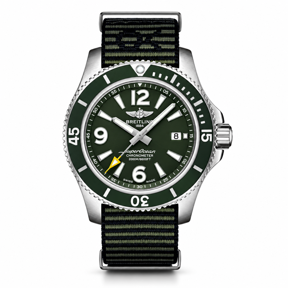 Breitling Superocean stainless steel dive watch featuring a dark green dial, matching green rotating bezel, luminous hands and hour markers, date display, yellow accent hand, and striped fabric strap.