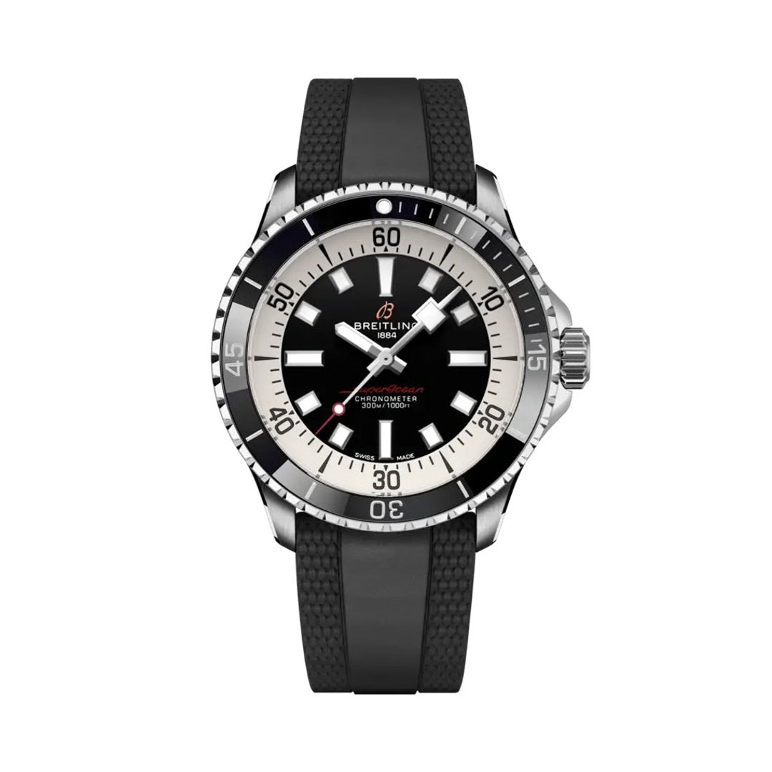 Breitling Superocean Automatic watch with a stainless steel case, black dial featuring white baton markers, black and silver bezel, and a black rubber strap.