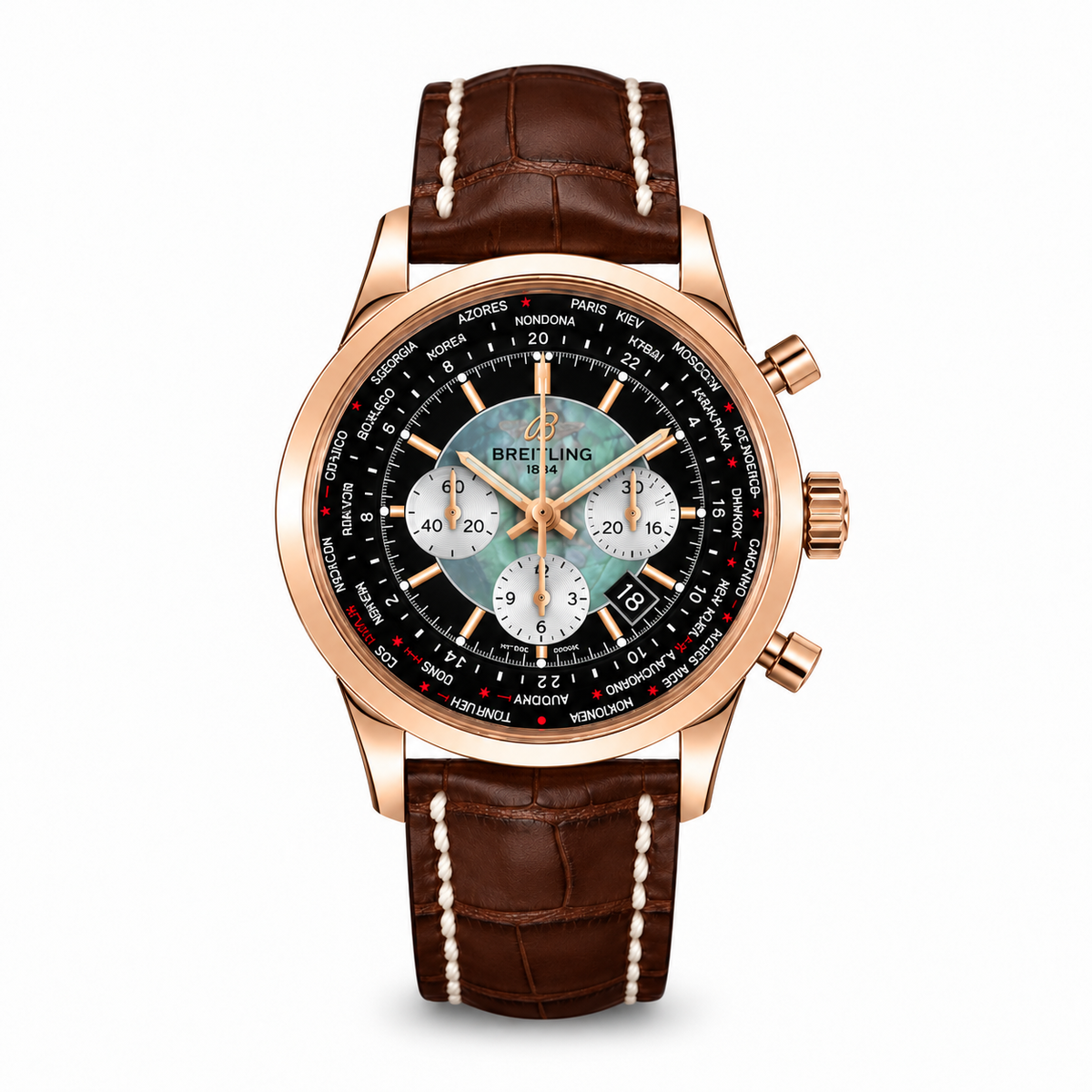 Breitling Transocean Chronograph Unitime watch featuring a polished rose gold case, black and silver dial with world time city ring, three white sub-dials, date window, and a brown leather strap with white stitching."