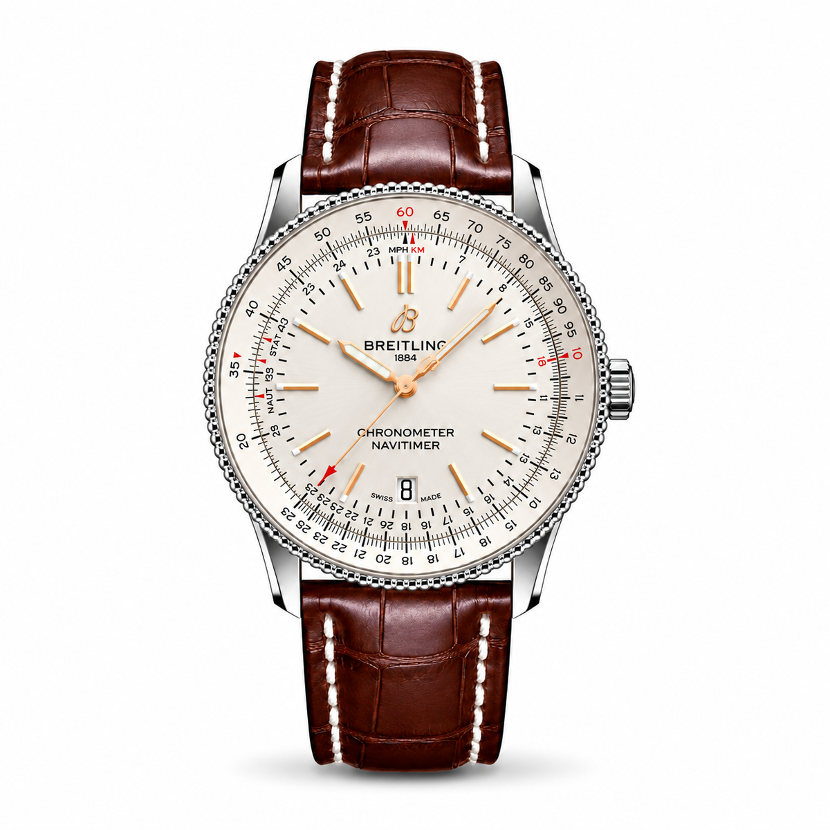 Breitling Navitimer Chronometer watch featuring a silver-white dial, rose gold-tone hands and hour markers, circular slide rule scale, polished stainless steel case, and brown alligator leather strap with white stitching.