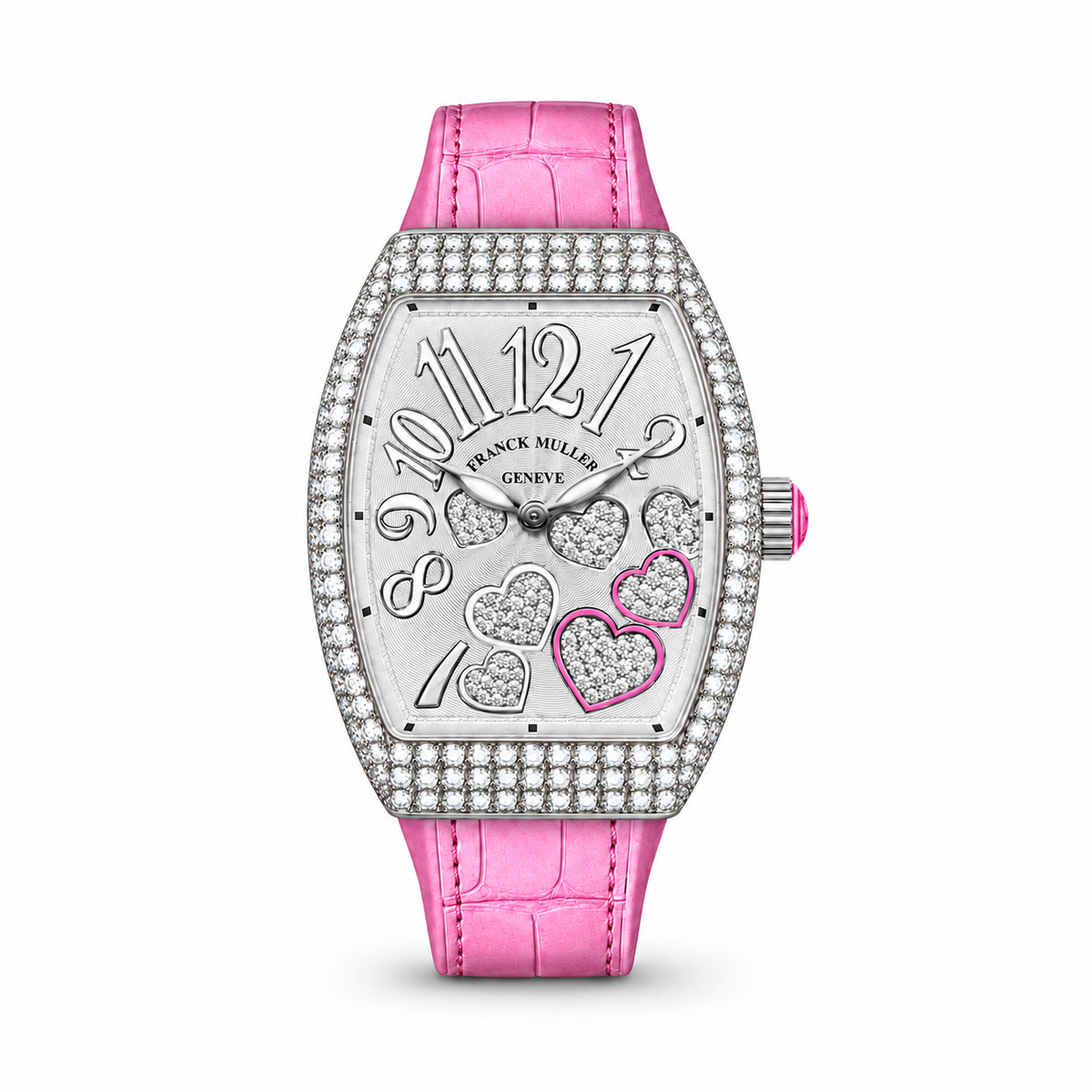 Franck Muller watch with a silver dial, diamond-set hearts with pink accents, oversized Arabic numerals, diamond-set tonneau case and pink leather strap.