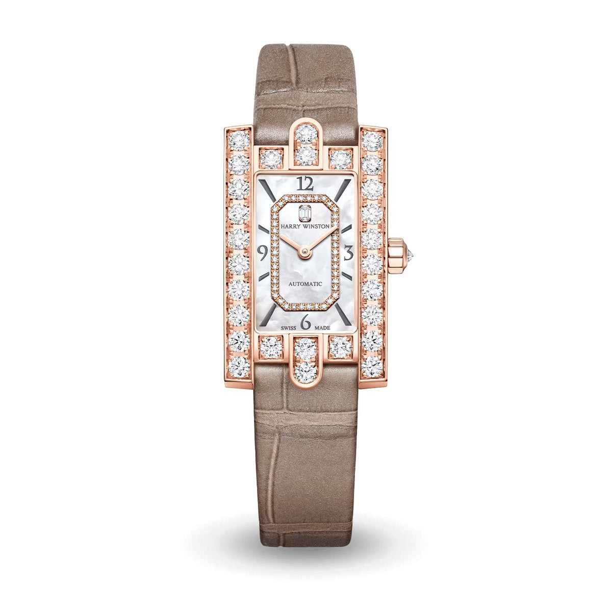 Harry Winston watch with a rectangular rose gold tone case, diamond-set bezel, white dial with Arabic numerals and taupe leather strap.