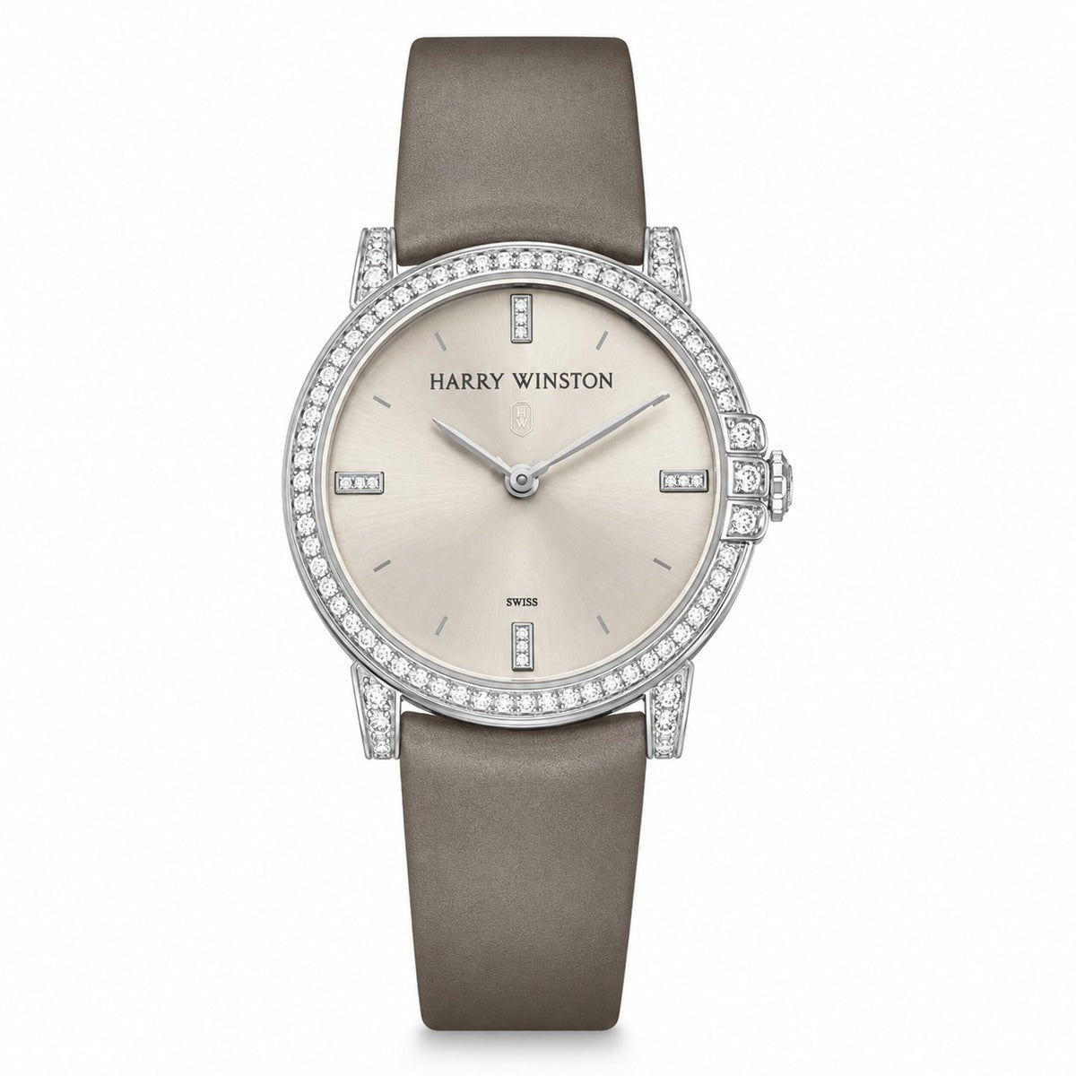 A Harry Winston wristwatch featuring a silver-tone case with a diamond-encrusted bezel, a champagne dial with silver hands, and a taupe leather strap.