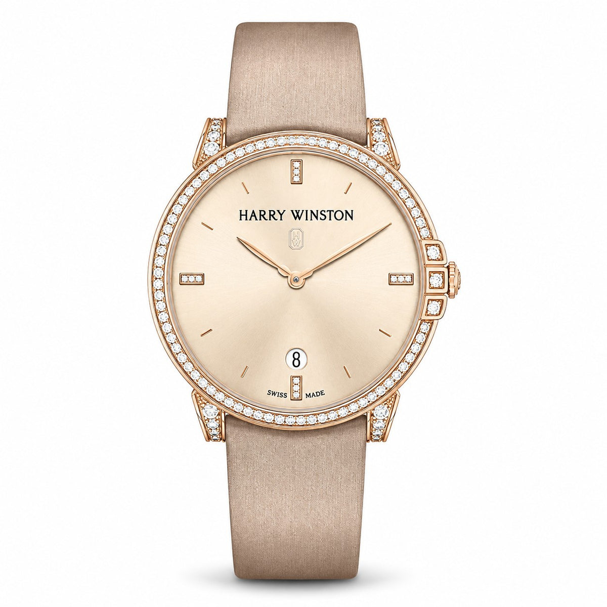 Harry Winston watch with a champagne dial, diamond hour markers, diamond-set rose gold tone case, date window and taupe satin strap.