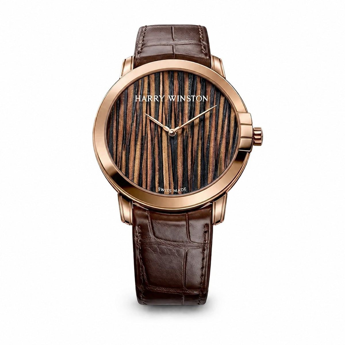 Harry Winston watch with a brown and black vertically striped dial, rose gold tone case and hands, and brown leather strap.