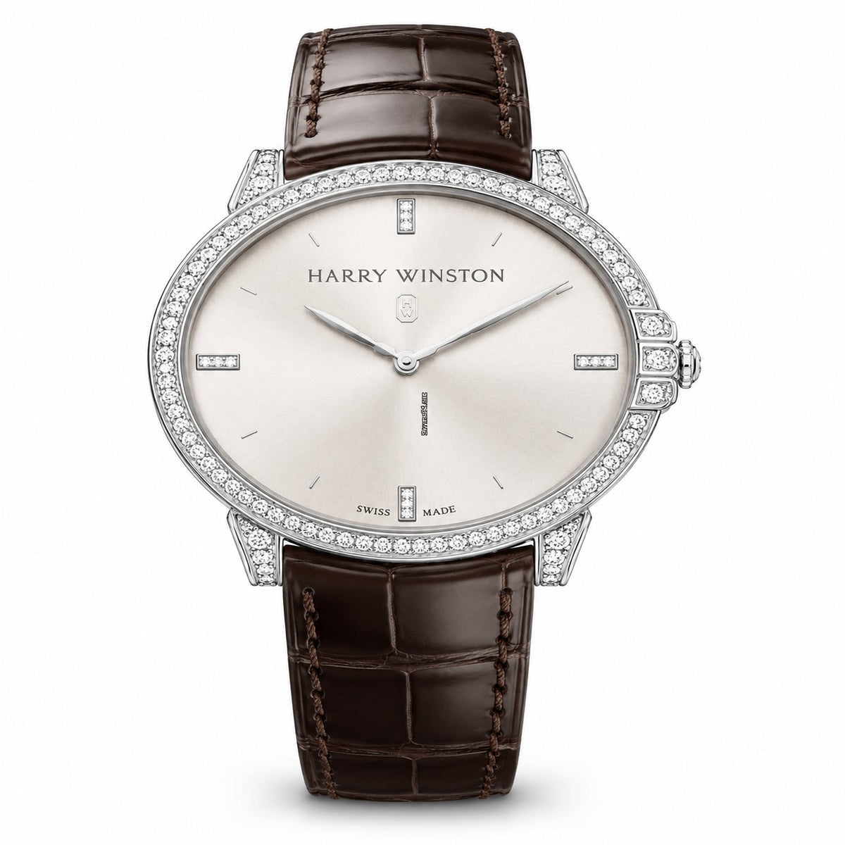 Harry Winston watch with a silver dial, diamond hour markers, diamond-set bezel and lugs, silver tone case and brown leather strap.