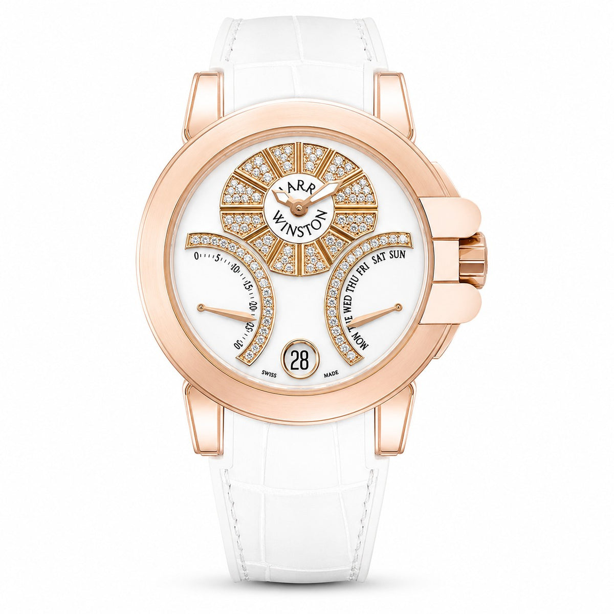 Harry Winston Ocean Biretrograde watch with a rose gold case, white dial, diamond-set details, and white leather strap.