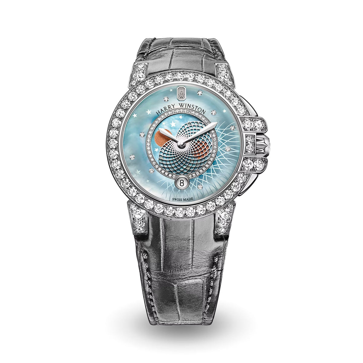 Harry Winston watch with a turquoise dial, globe motif, diamond-set bezel and lugs, silver tone case and grey leather strap.