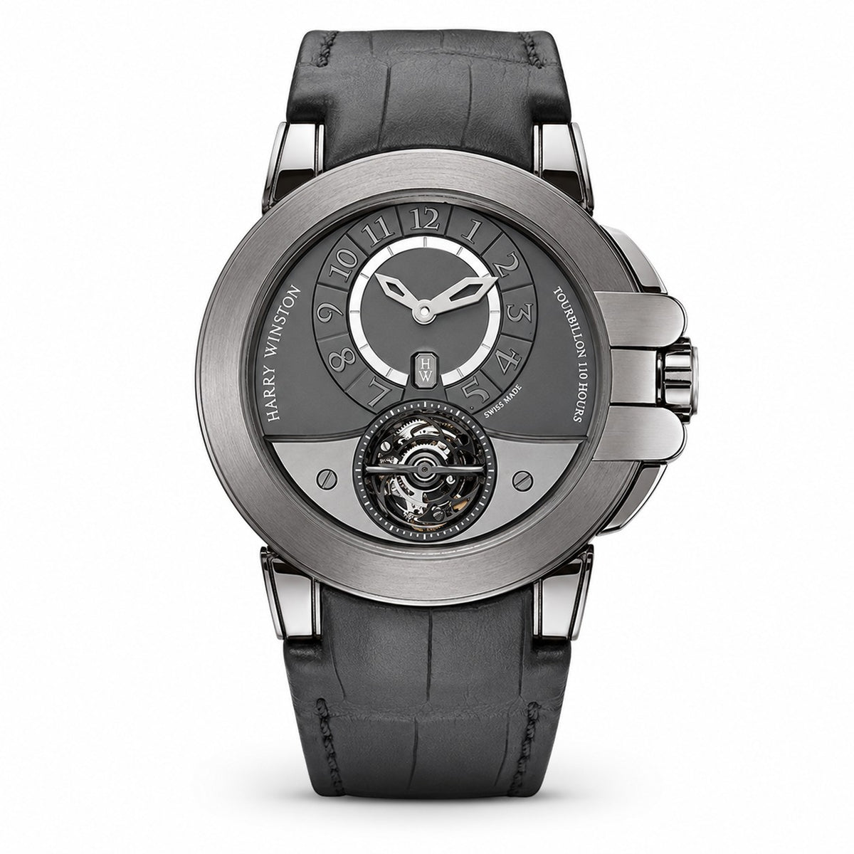 Harry Winston watch with a grey dial, off-centre time display, exposed tourbillon, silver tone case and grey leather strap.