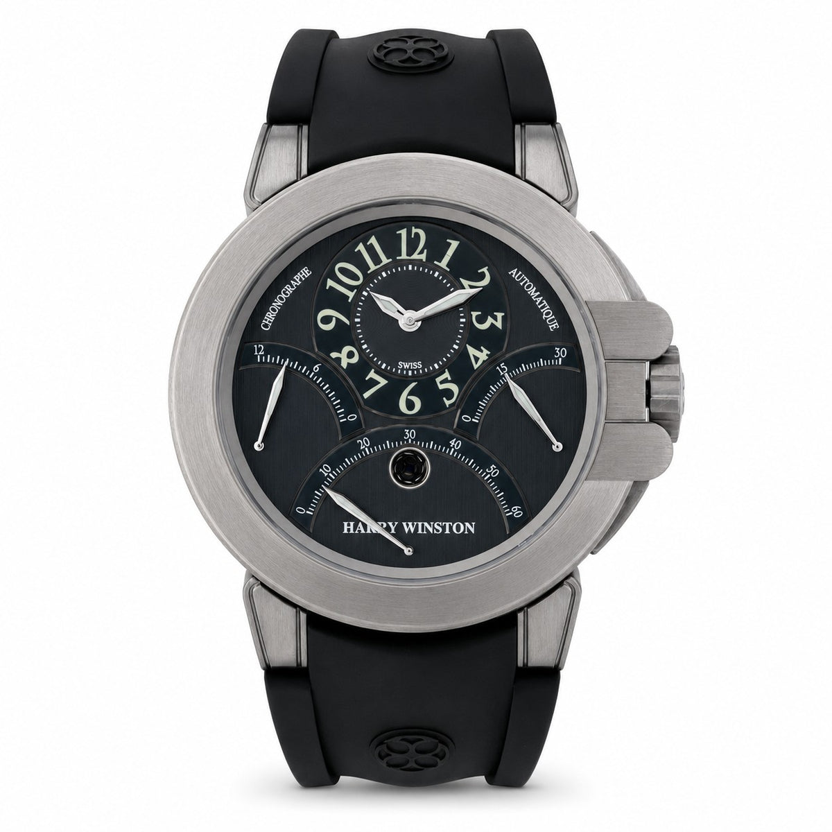 Harry Winston Ocean Triple Retrograde Chronograph with a black dial, off-centre time display, silver tone case and black rubber strap.