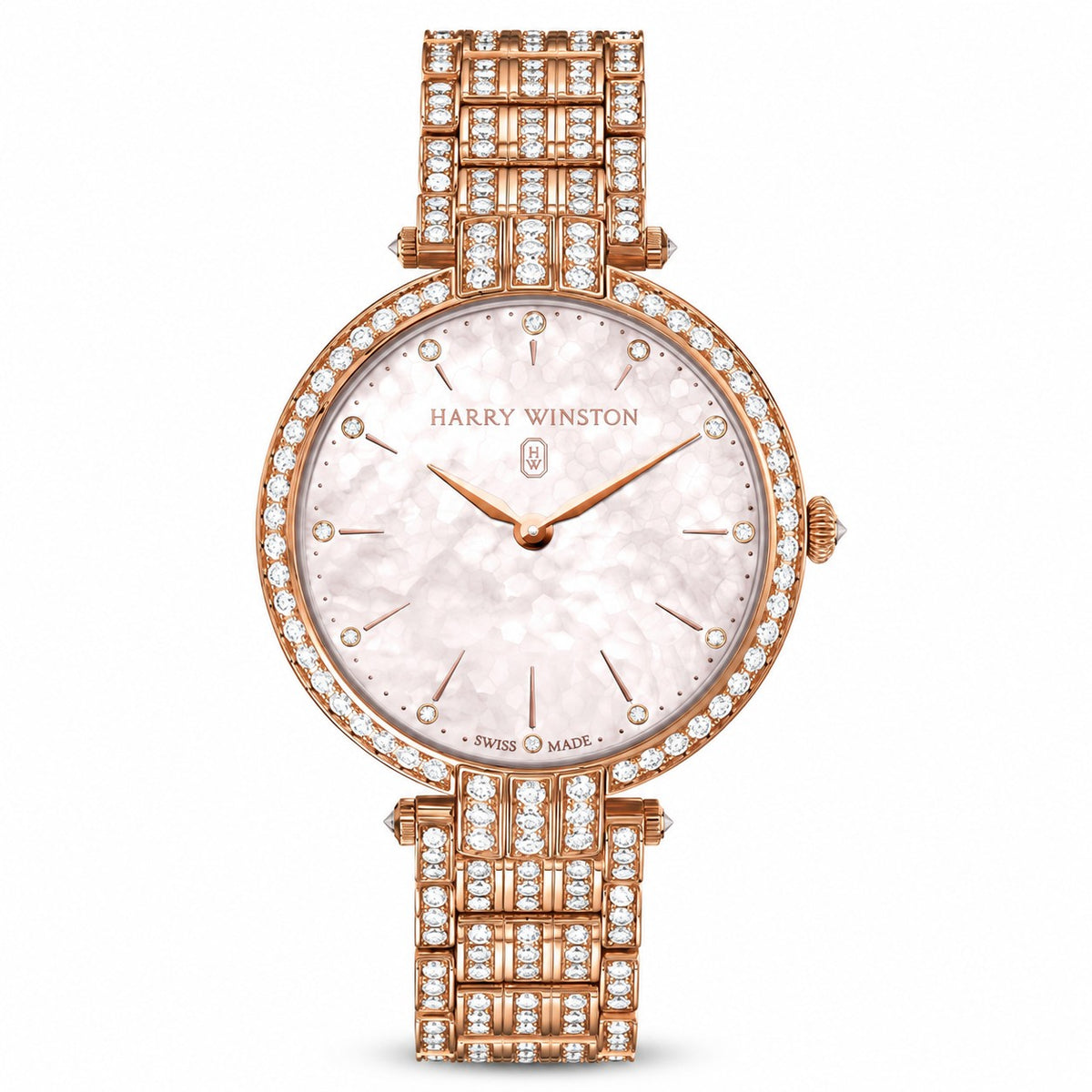 Harry Winston watch with a pearlescent white dial, diamond hour markers, diamond-set rose gold tone bezel and matching diamond-set bracelet.