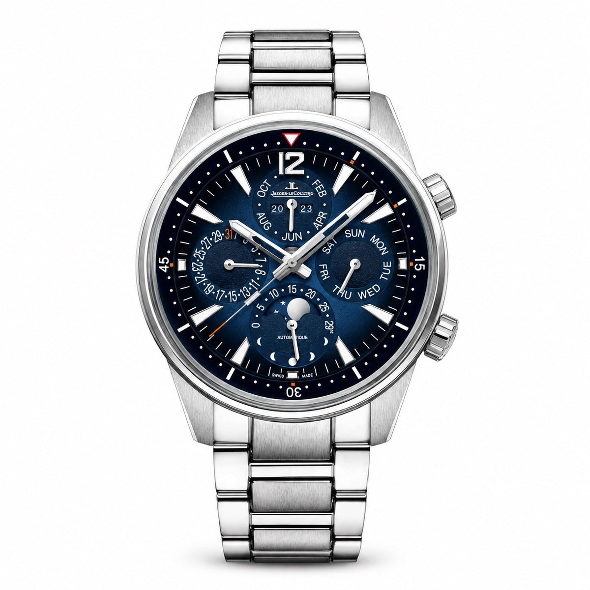 Jaeger-LeCoultre watch with a dark blue dial, multiple calendar displays, moon phase indicator, silver-tone case, and metal bracelet.
