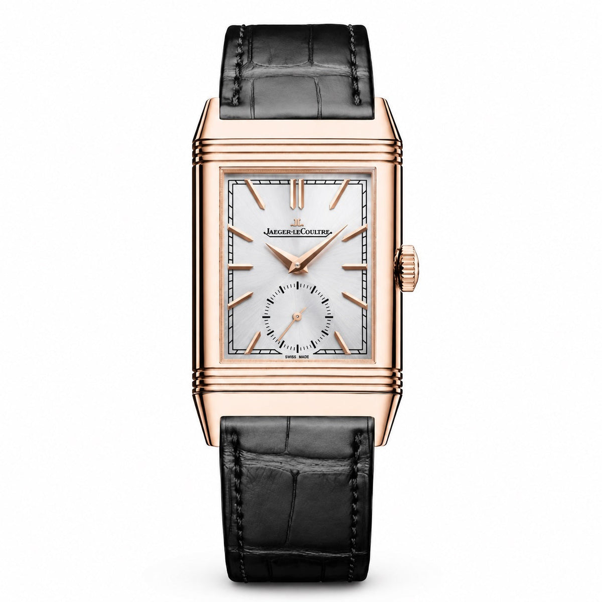 Jaeger-LeCoultre Reverso watch with a rose gold-tone rectangular case, silver dial, small seconds subdial, and black leather strap.