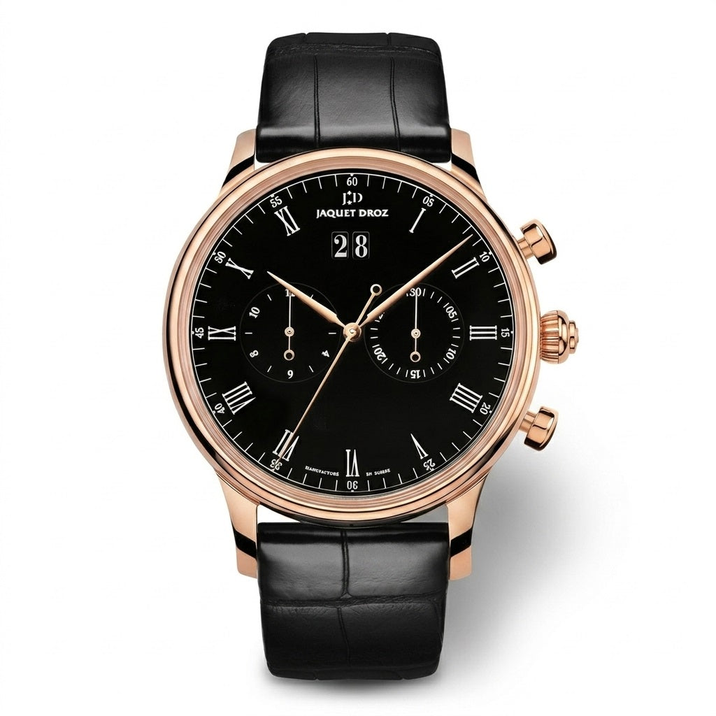 Jaquet Droz chronograph watch with a rose gold case, black dial, Roman numerals, two subdials, large date display, and black leather strap.