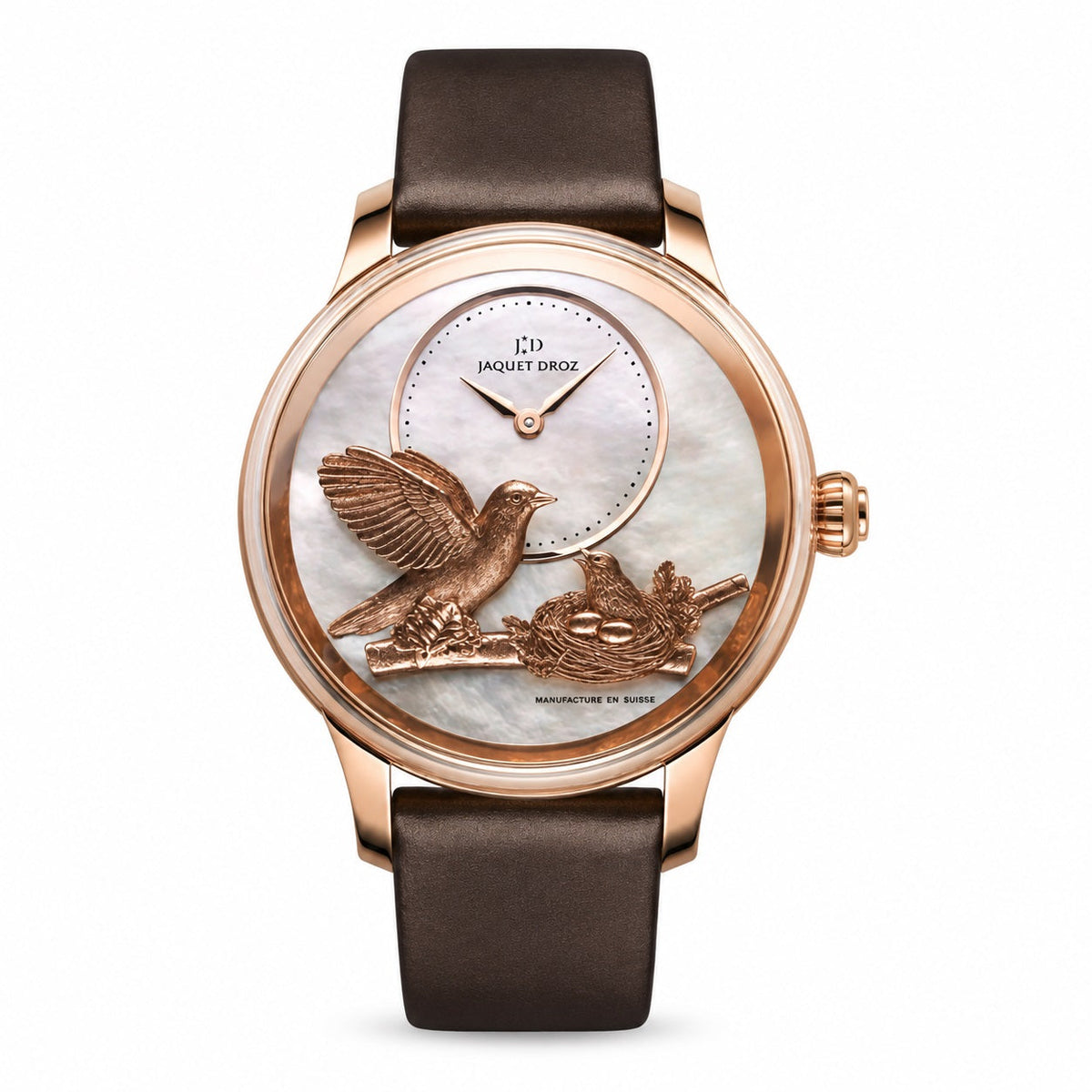 Jaquet Droz watch with a white mother-of-pearl dial, raised bird and nest design, rose gold-tone case, and brown strap.