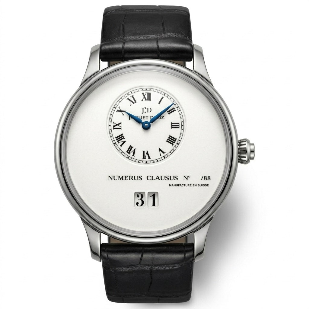 Jaquet Droz Numerus Clausus watch with a silver-tone case, white dial, off-center Roman numeral time display, blue hands, large date window, and black leather strap.