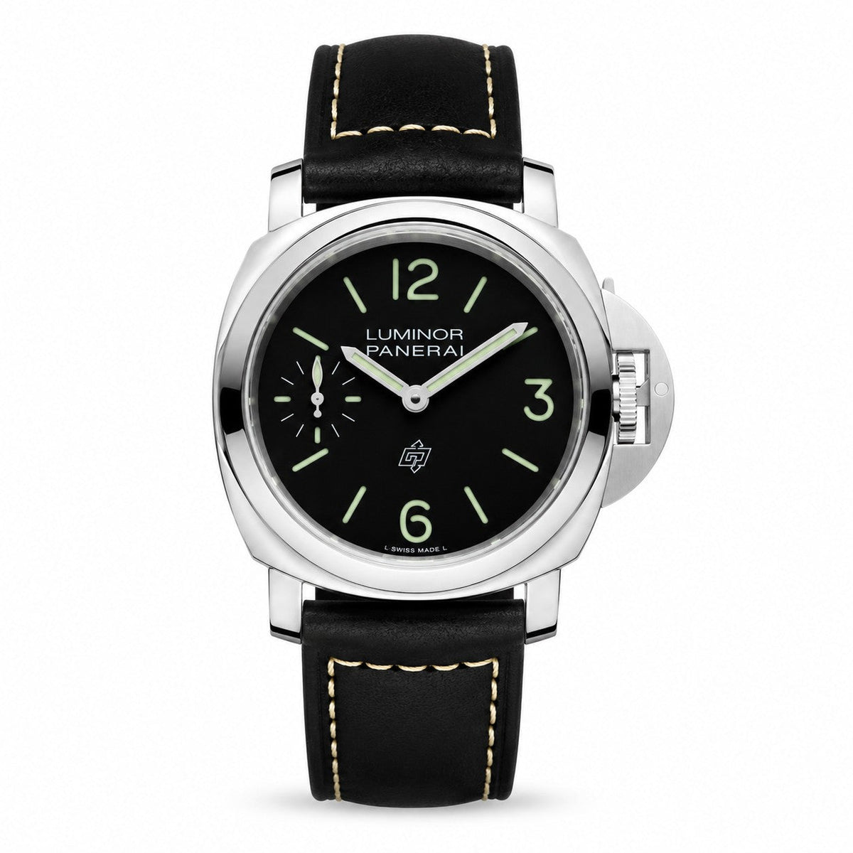 Panerai Luminor watch with a black dial, green hour markers, small seconds subdial, silver-tone case, and black leather strap with contrast stitching.