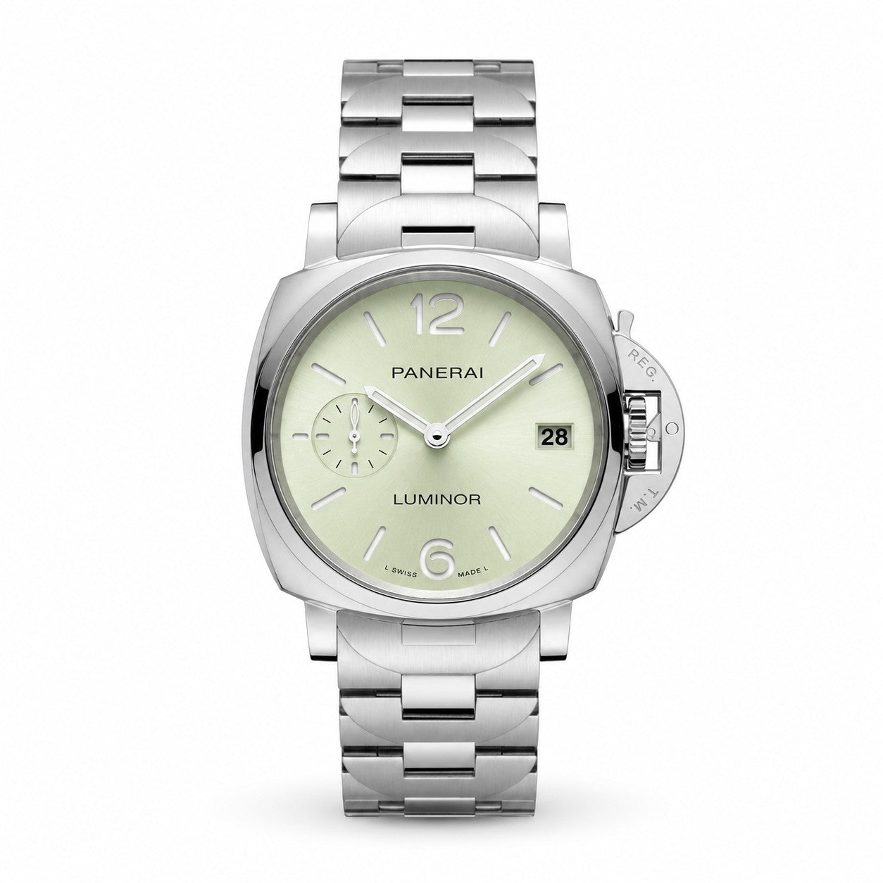 PANERAI Silver watch with a light green face on a white background