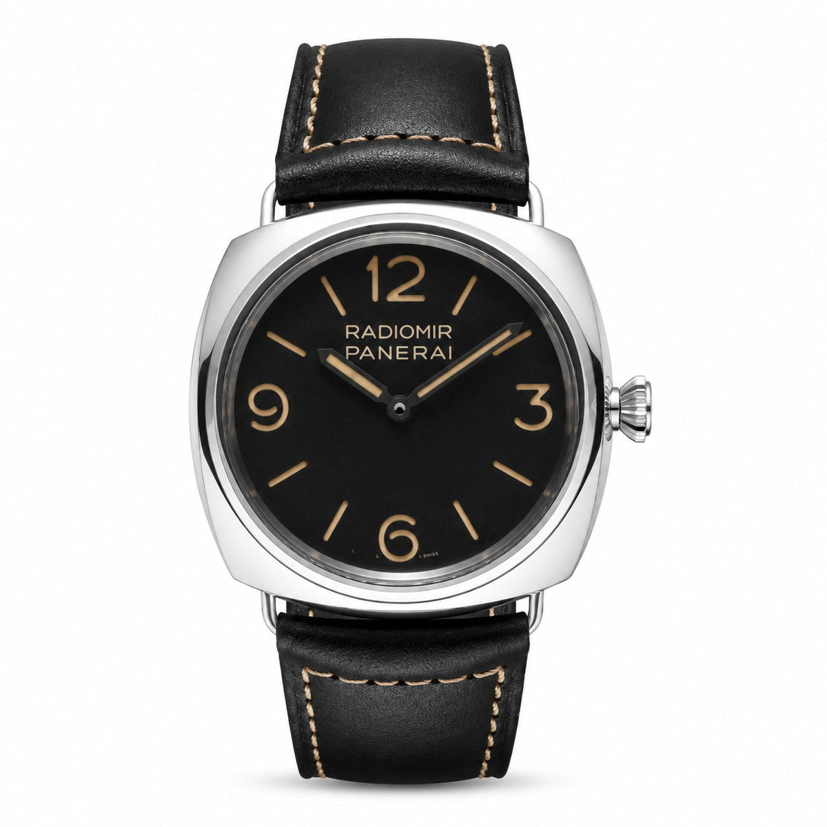 Panerai Radiomir watch with a black dial, gold-tone numerals, silver-tone cushion case, and black leather strap with beige stitching.