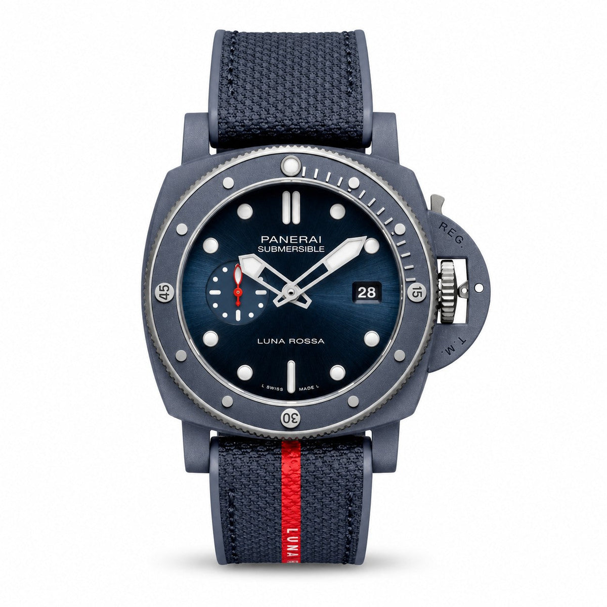 Panerai Submersible Luna Rossa watch with a dark blue dial, rotating bezel, date window, and navy strap with a red stripe.