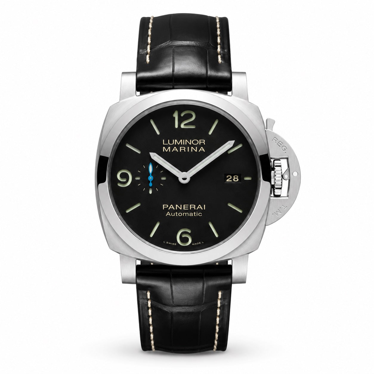 Panerai Luminor Marina watch with black dial and leather strap