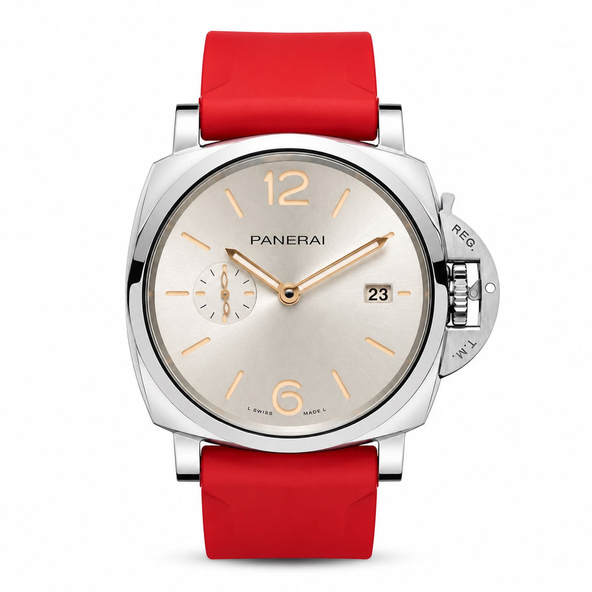 Panerai Luminor watch with a silver dial, gold-tone markers, small seconds display, date window, and bright red strap.