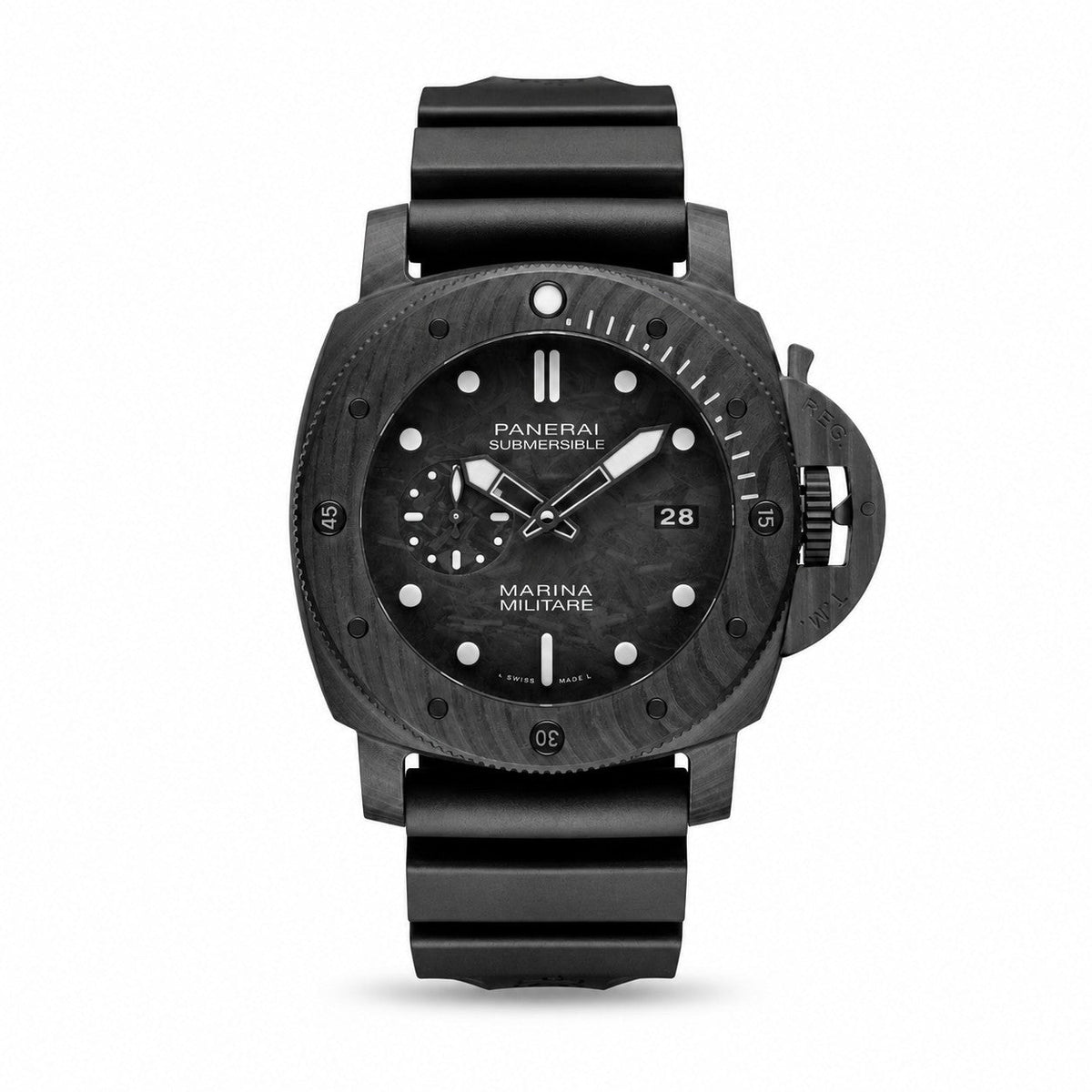 Panerai Submersible Marina Militare watch with a black case and dial, rotating bezel, date window, and black rubber strap.